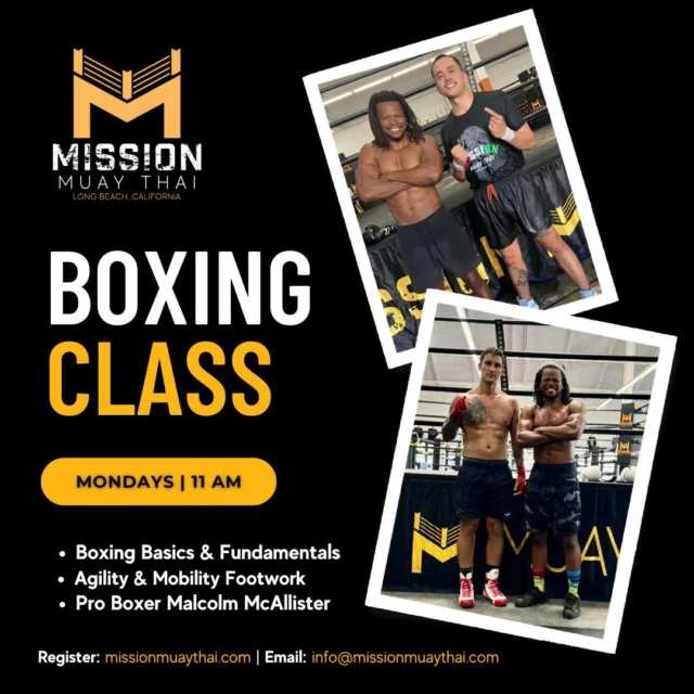 New Boxing Class with Long Beach legend and Pro Boxer Malcolm McAllister! 

Train with pro fighter Malcolm McAllister (previously featured in "The Contender") every Monday at 11 am and learn the fundamentals of boxing including footwork, punching technique, head movement, and defensive skills. Sign up and register for this new weekly class and train with boxing enthusiasts and students to learn the sport and science of boxing - open to all levels!
...
#boxing #boxingclass #longbeach #lbc #missionmuaythailb