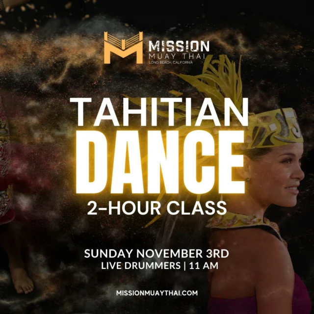 Learn how to dance and train authentic Tahitian Dancing with live drummers! Be ready to work your body and have fun while learning proper technique with our professional instructors Mica Setting and Cece Gutierrez.  Open to all levels, beginners are welcome. We will have pareos for sale before our class begins! A pāreu or pareo is a wraparound skirt commonly worn on the beautiful Tahiti island and other Pacific islands. Sign up and register on our website (link in bio) for this exclusive class today, and let's have some fun!

Technique and Warm Up - 30 min
Tahitian Dance drills - 30 min
Choreographed routine - 60 min

**New student participants will need to register their profile (one time) to sign up for the class and future classes**
•••
#tahitiandance #polynesiandance #tahitiandrumming #missionmuaythailb