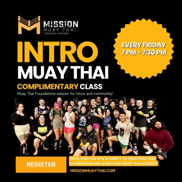 Intro to Muay Thai Foundations class is a complimentary beginner-friendly, 30-minute session designed to introduce new students to the fundamentals of authentic Muay Thai - open to teens and adults! 

Every Friday 7 pm - 7:30 pm
1178 E. Anaheim St.
(Must register a student profile)
 
Perfect for those looking to learn proper Mission stance, footwork, and striking techniques in a welcoming and supportive environment, this class is a great way to start your Muay Thai journey and learn more about our academy. Whether you're training for fitness, self-defense, or just to try something new, this is the perfect opportunity to experience Mission Muay Thai and build a strong foundation!

Register your profile and sign-up for this free community class on the Class Schedule page on our website: missionmuaythai.com
...
#missionmuaythailb #longbeach #muaythai #communitymuaythai #lbc #muaythaitraining