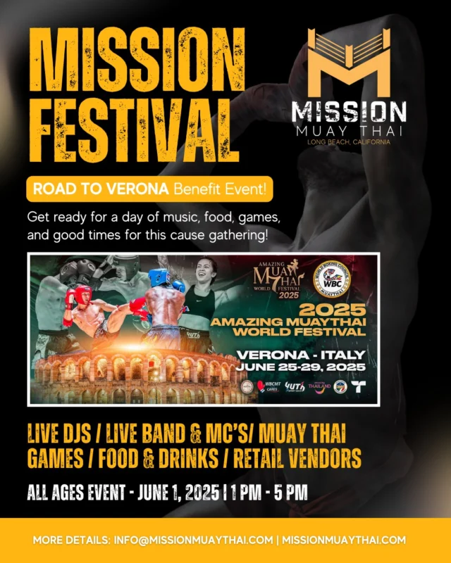 🎉 MISSION FESTIVAL — JUNE 1, 2025 🎉
Support the “Road to Verona”!
You're invited to a fun-filled day benefiting Mission Muay Thai Academy and Team USA as we prepare to compete at the WBC Amazing Muay Thai Festival in Verona, Italy! 🇺🇸🥊🇮🇹
🗓️ Date: Sunday, June 1, 2025
📍 Location: Mission Muay Thai Academy
🕒 Time: 1 pm - 5 pm
🎟️ Entry: Support donations kindly requested for entry, all ages welcome!
Enjoy:
-Delicious food & drinks
-Live music (DJs and Bands)
-Muay Thai games (sparring matches, kick & punch challenges)
-Local food & retail vendors
-Silent auctions and raffle opportunities
-A family-friendly team community vibe!
All proceeds support the academy's journey to Verona, Italy— your presence makes a difference! Let’s come together, celebrate, and empower our team on the Road to Verona. Thank you for your support and we hope to see you all there! (Tag a local #LBC vendor if you want them to represent at the festival)
Brand Collaboration:
@satrawoot
Retail/Service Vendors:
@inbodyusa
@modusevents
@brixandbone
@enlightenedclo
@sportsrecoveryby_dan_and_jam
@outofstep.art
@muaythaicartel
Food:
@choladathailongbeach
@feeln_fresh_meals_
@shakumaku.oc
Music:
DJ Priest @priest_dj_
JACE @djjacemusic
Clayton and Band @claytoniusmaxximus
DJ David “EuroWave”
Val and Band
...
#MissionMuayThaiLB #RoadToVerona #TeamUSA #MuayThaiFestival #WBCMuayThai #LongBeach #LBC #MakeitYourMissionNow #MuayThai #WBCMuayThaiUSA