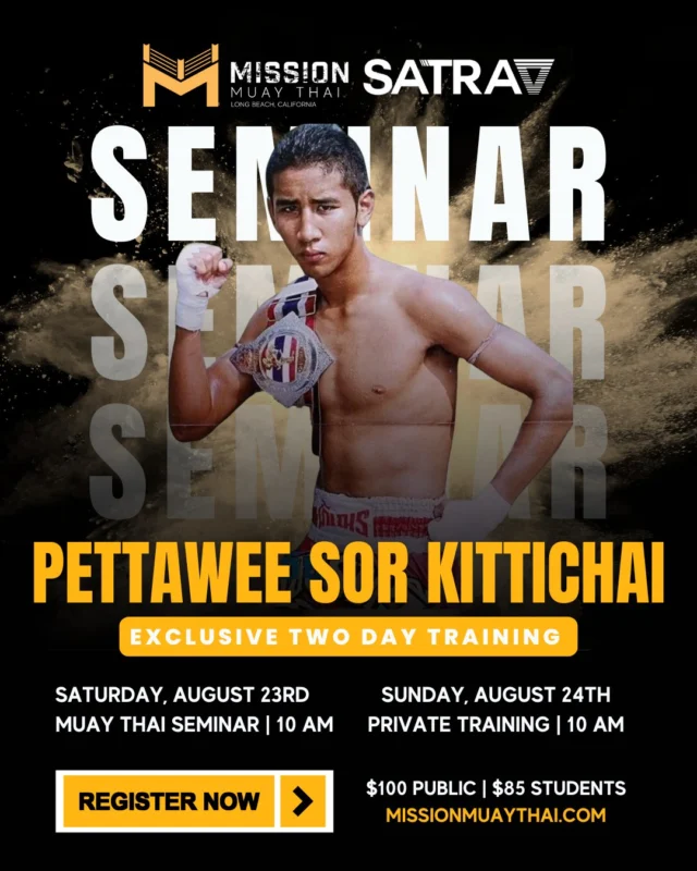 Train with a Muay Thai Legend: Pettawee Sor Kittichai at Mission Muay Thai!
Join us on August 23rd for an exclusive seminar with Pettawee Sor Kittichai, a six-time world champion and renowned Muay Khao specialist. With over 150 professional fights, Pettawee has faced and defeated some of the sport's top fighters, including Sam-A Gaiyanghadao and Singtongnoi Por.Telakun.
Known for his devastating knee strikes and clinch techniques, Pettawee brings a wealth of experience from his time at elite camps like Sitsongpeenong and Sinbi Muay Thai!
Pettawee Seminar Fee:
$100 - Public
$85 - Mission Students (15% off)
Private Session:
$150 (August 24th)
Reserve your spot and pre-purchase online, once we reach capacity we will close reservations! Visit our website or click the link in our bio to reserve. You will also be able to book privates for Sunday, August 24th on our website as well! For any questions, email us: info@missionmuaythai.com