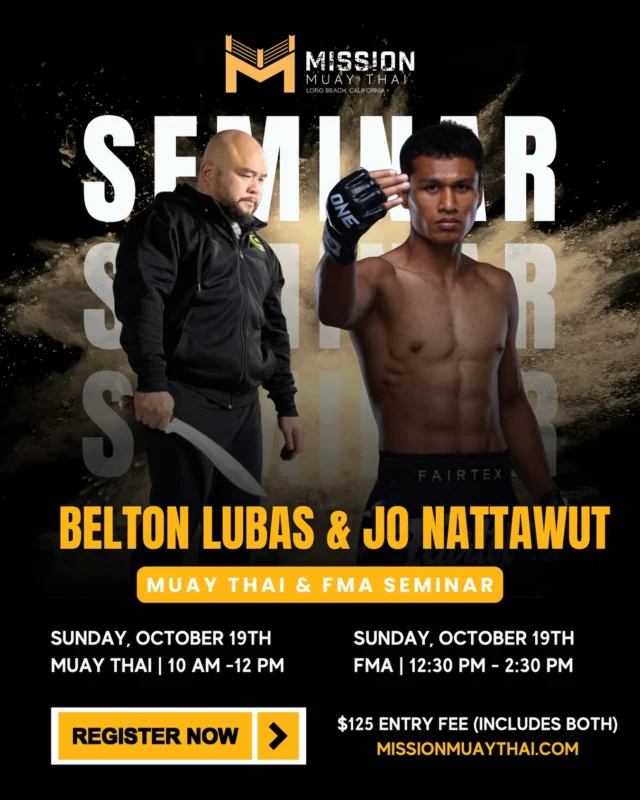 Double Seminar Alert 🚨 

Mark your calendars for Sunday, October 19th — you do NOT want to miss this rare opportunity to train with two world-class martial artists under one roof!

“Smokin” Jo Nattawut @jonattawut @onechampionship Muay Thai superstar kicks off the day with a high-level Muay Thai seminar at 10:00 AM. Learn the elite striking strategies, fight IQ, and signature techniques that have made Jo a fan favorite on the world stage.

Then at 12:30 PM, we switch gears as Kru Belton Lubas leads an exclusive Filipino Martial @warriorstrengthtrainer Arts seminar, showcasing the art of blades, sticks, and tactical hand-to-hand combat rooted in centuries of warrior tradition.

Two seminars. One price. Whether you’re a striker, a martial arts enthusiast, or a student of the game, this is your chance to train with two of the best in the world in just one day.

Sunday, October 19th
10:00 AM – 2:30 PM
One price. All access.

Spots are limited. Register today and don’t miss this epic fusion of Muay Thai and Filipino Martial Arts. Elevate your game and experience greatness firsthand! Visit our website and register ahead 🙏🏽
•••
#missionmuaythailb #onechampionship #filipinomartialarts #fma #lbc #longbeach #muaythai #muaythaitraining