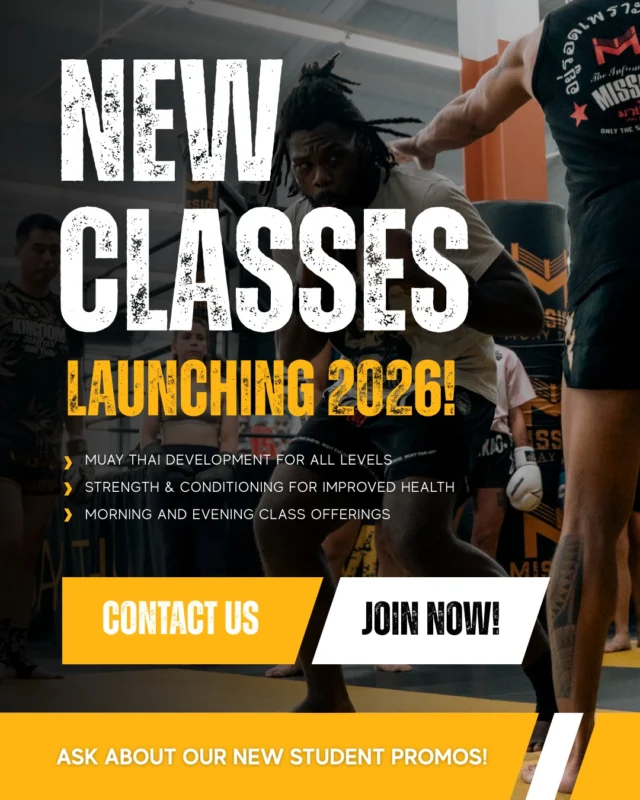 Get ready for an exciting update to the Mission Muay Thai class schedule in 2026! Whether you’re just starting out, returning to the ring, or a seasoned competitor aiming to enhance your skills, these new classes offer engaging entry points, facilitate progress, and boost your overall understanding of Muay Thai - because it’s for everyone, and we’re here to guide you.

ADULT PROGRAM — NEW CLASSES
Mission Mechanics
Dive into our newest entry-level class designed specifically for true beginners! 
- No prior experience needed
- Open to all ages & fitness levels
- Discover authentic Muay Thai from the basics
*Perfect for those embarking on their journey or reinforcing core skills with confidence*

Fundamentals Flow (Intro to Sparring)
Experience a light, technical sparring class tailored for beginners.
- Focus on controlled and purposeful movement
- Enhance timing, awareness, and fight IQ
- Seamlessly transition from drills to live sparring
*Emphasizing strategy and development, this class goes beyond mere striking*

M8 Savage Saturdays with Kru Jace
Join our energetic Saturday sessions designed to test your limits!
- Strength & Conditioning
- Mental toughness training
- Energizing team dynamics

Mission Method with Kru Jace
Focus on recovery and performance in this introspective class.
- Breathing techniques
- Mindfulness & breath flow 
- Gentle stretching & relaxation
*Because how you breathe and recover is just as vital as your training*

TEEN & YOUTH PROGRAM — NEW CLASSES
M8 Teen Strength & Conditioning
Designed to empower young athletes!
- Building strength, coordination, and athleticism
- Fostering confidence and discipline
- Safe, age-appropriate training

Youth Mission Method
Teaching our youngest students the essentials of breathing, focus, and resetting.
- Breathing awareness
- Mindfulness practices 
- Light stretching
*Helping kids foster calm confidence, body awareness, and healthy habits from an early age*

Reach out for schedules and enrollment details: info@missionmuaythai.com Inquire about our limited-time new student promotions! Don’t hesitate—Make it your Mission Now!