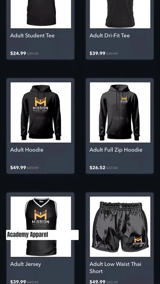 MISSION MUAY THAI VIRTUAL SHOP IS LIVE!

Students, families, and friends — your Mission gear is now ONE CLICK AWAY.

Shop our official academy apparel, training gear, and gear bags anytime, anywhere.
- Easy ordering
- Ships to the academy OR straight to your home
- No more waiting for your size to come in

We’ve also got samples inside the academy so you can try it on, find the perfect fit, then order exactly what you need for your training needs!

We got you - click below and rep your brand!
(Link in Bio)
