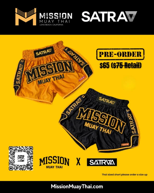 Mission Muay Thai x Satra Exclusive Collaboration!

Mission Muay Thai teams up with Satra for a limited collaboration short built for training, sparring, and competition. Designed with the classic Thai cut for full mobility and authentic Muay Thai style. 

Available in black/gold or gold/black, representing the Mission standard! Pre-order now for a limited-time discounted price of $65. Once this pre-order batch closes, pricing will increase and availability will be limited!

• Premium satin Muay Thai shorts
• Authentic Thai cut for mobility
• Limited production run, allow time for availability, lock your gear in now
• Thai style sizing — please order one size up!
• Scan QR code to purchase or visit: https://square.link/u/Lxm9xp99

Respect and thank you @satrawoot 🙏🏽