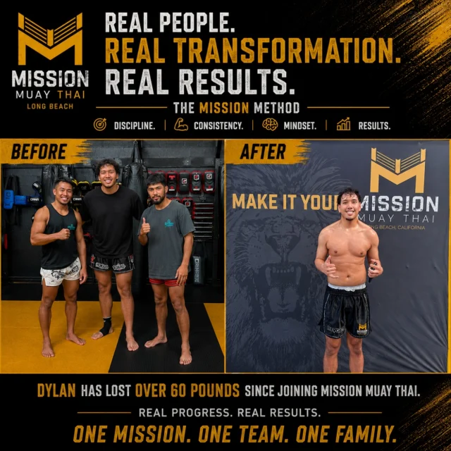 REAL PEOPLE. REAL TRANSFORMATION. REAL RESULTS.

We couldn’t be more proud of Dylan and the dedication he’s shown since joining Mission Muay Thai.

Over 60 pounds lost, but the real transformation goes far beyond the scale - more confidence, discipline, strength, athleticism, and a completely different mindset.

Dylan kept showing up, kept putting in the work, and the results speak for themselves.

Proud of you, Dylan. Keep going 👊🏽
